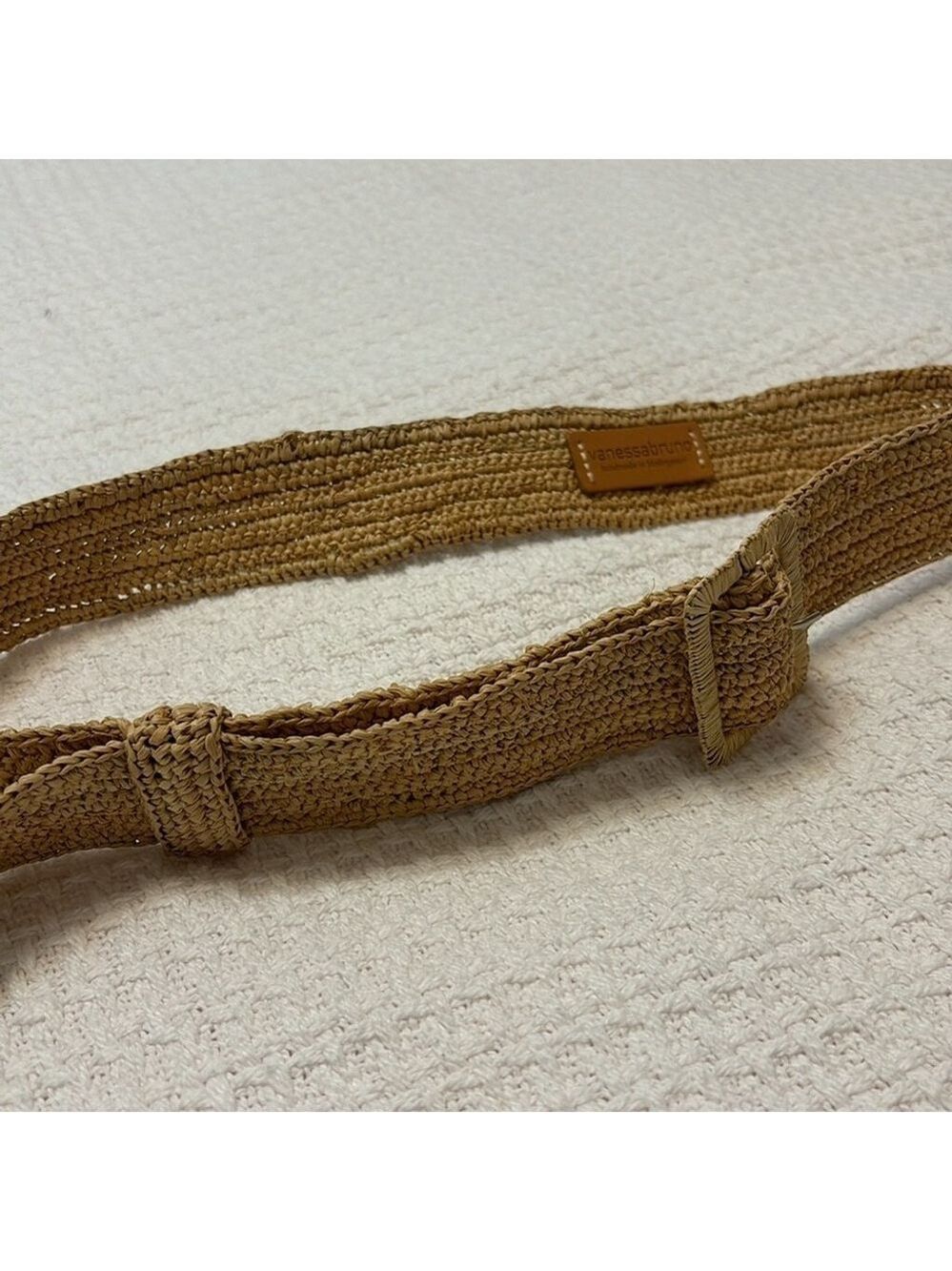 VANESSA BRUNO hand woven natural raffia belt classic rectangle buckle beige OS - Picture 6 of 14